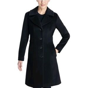 Anne Klein Pea Coat Women S Single‎ Breasted Walker Black Wool Blend Long Thick